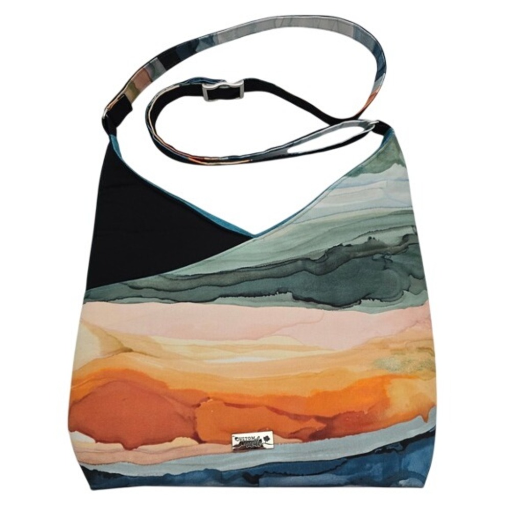 Custom Made Artisan Landscapes Watercolor Print Canvas Hobo Bag Multi
